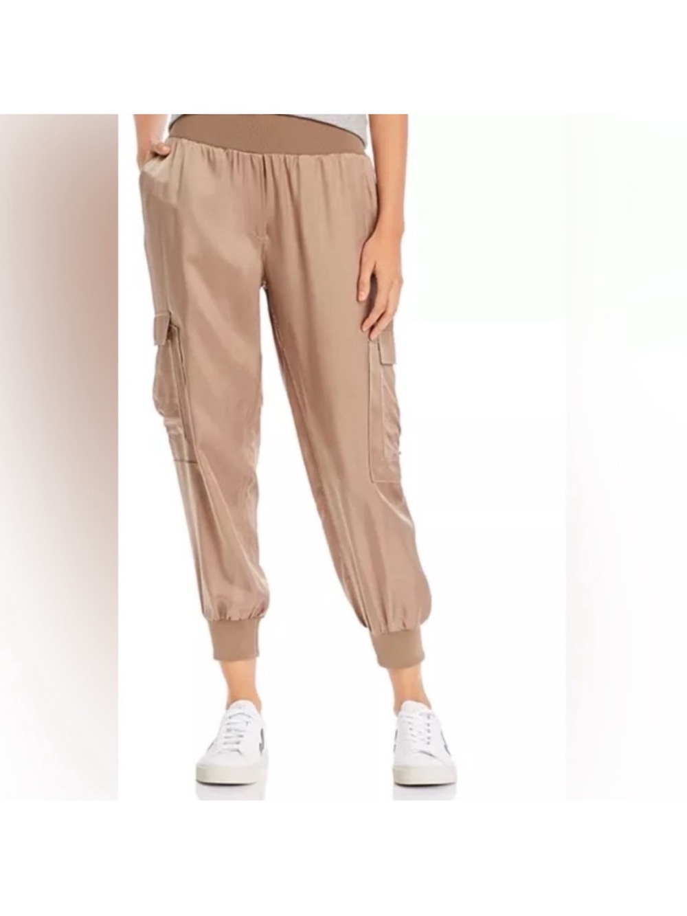 NWT Cinq à Sept Giles Cupro Cargo Jogger Pant Taupe Khaki Beige Size L